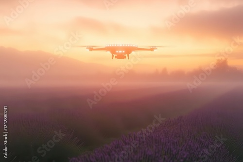 advanced agricultural drone with led array hovering over misty lavender fields at sunrise, creating ethereal light patterns