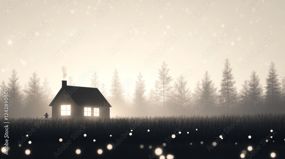 Fototapeta premium Cozy cabin in snowy forest at dusk; peaceful scene