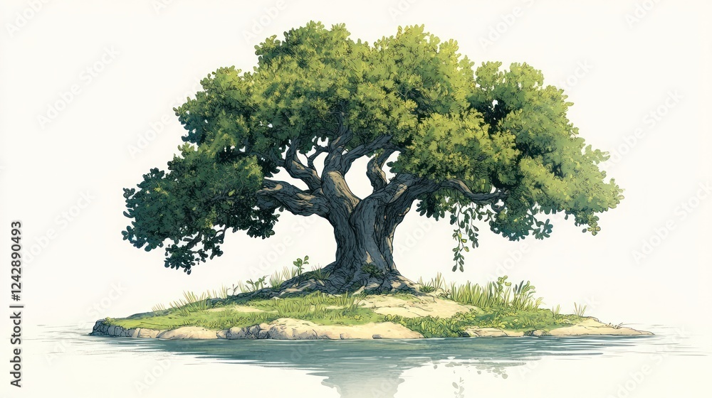 Solitary oak tree on small island, calm water, sunlight Solitary oak tree on small island, calm water, sunlight