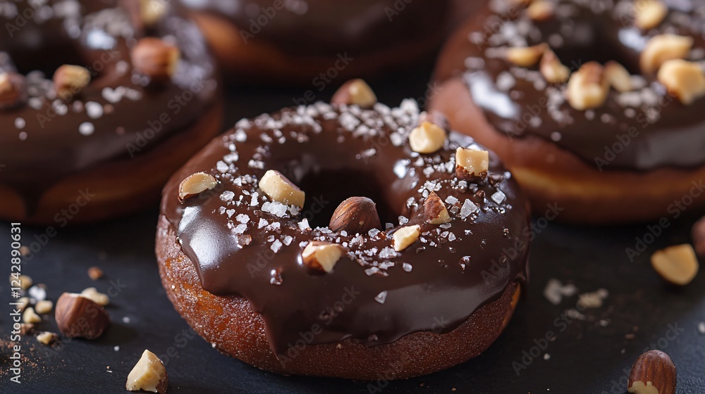 A set of chocolate doughnuts dipped in dark chocolate, with sea salt sprinkles and caramelized hazelnuts on top A set of chocolate doughnuts dipped in dark chocolate, with sea salt sprinkles and caramelized hazelnuts on top