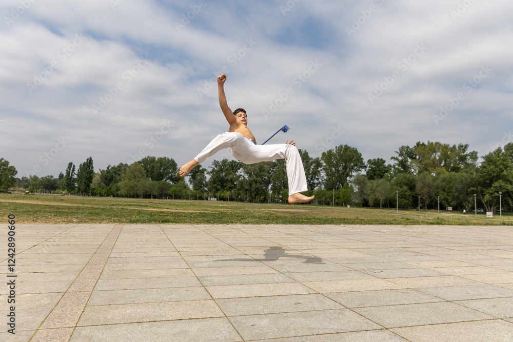 Teenager practicing capoeira , brazilian martial art Teenager practicing capoeira , brazilian martial art