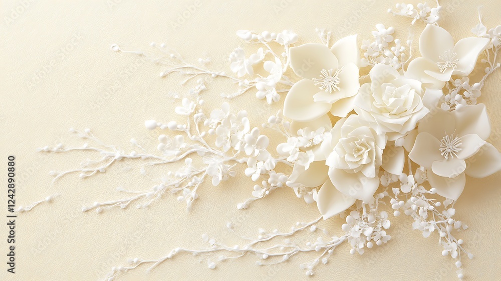 Fototapeta premium White sugar flowers, beige background, wedding decor