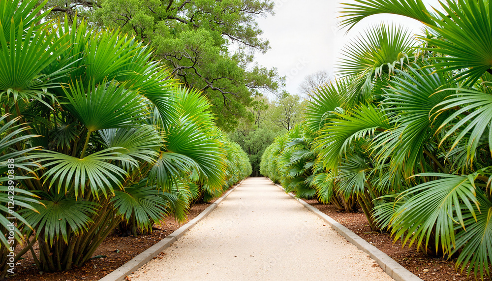 Tranquil path lined with green palm leaves in city park, nature's beauty Tranquil path lined with green palm leaves in city park, nature's beauty