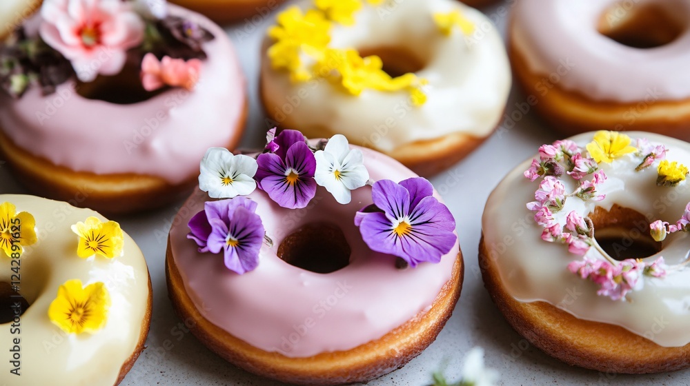 A spring-themed chocolate doughnut set with a lemon-infused glaze and delicate edible flowers on top A spring-themed chocolate doughnut set with a lemon-infused glaze and delicate edible flowers on top