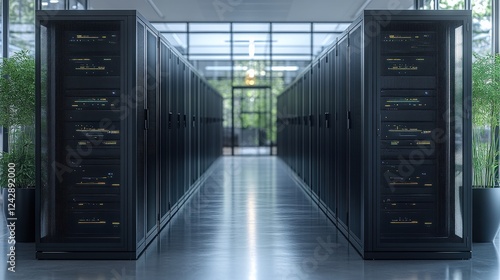 Modern data center featuring rows of servers, with large windows showcasing greenery outside