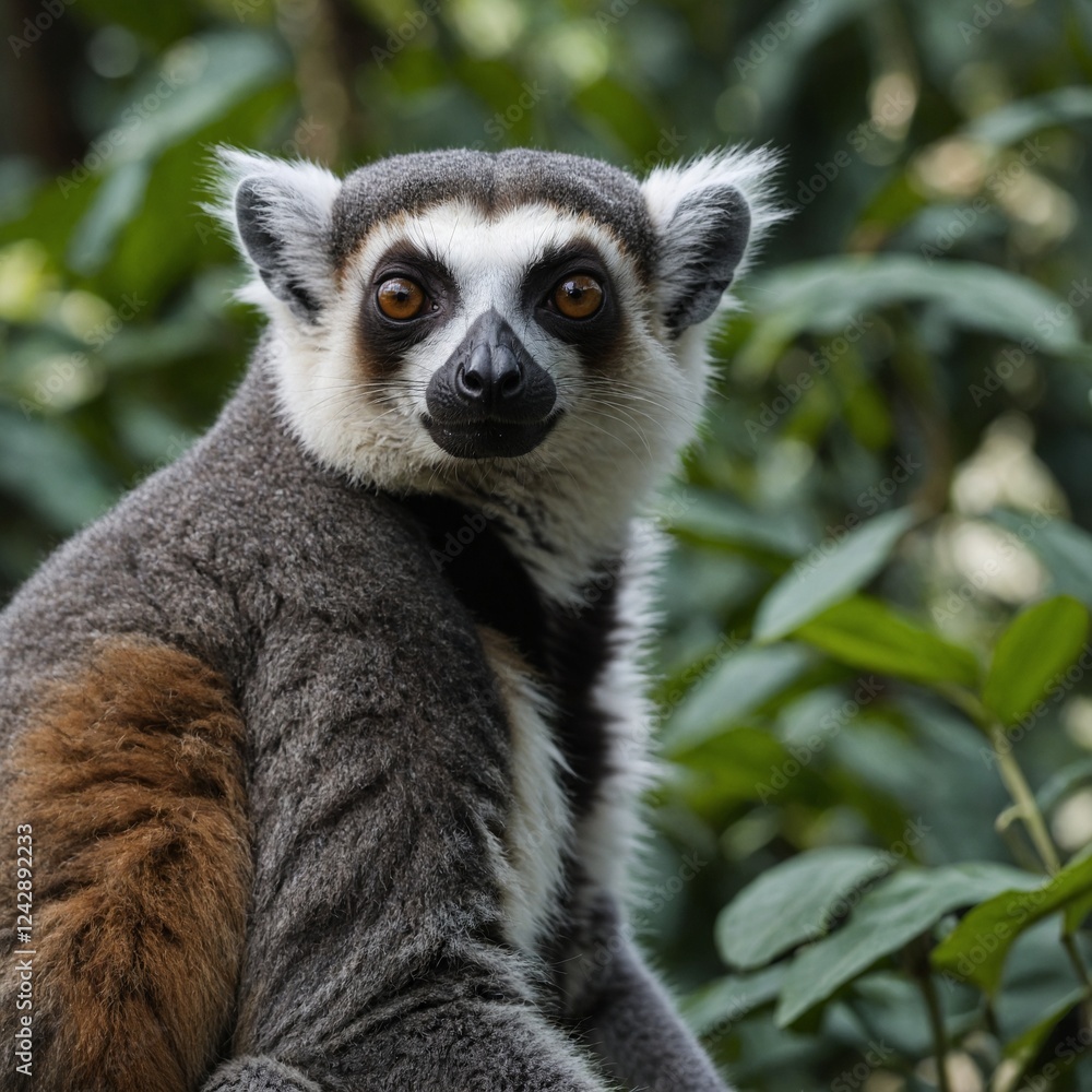 Obraz premium A lemur staring into the camera with lush greenery around.