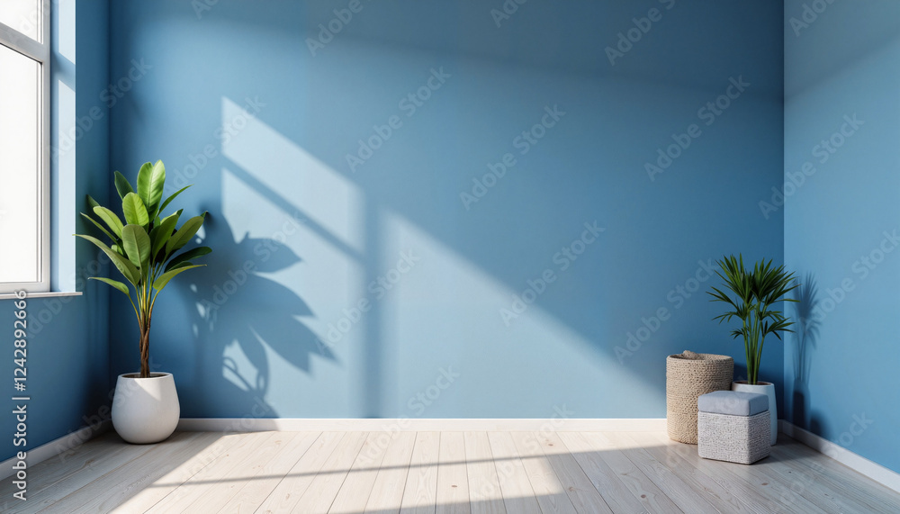 Fototapeta premium Modern blue interior design with plants and natural light, tranquility