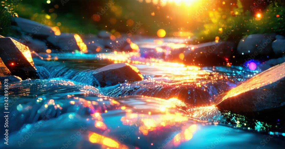 Obraz premium A sparkling stream flowing through a field of colorful flowers, with vibrant pink, yellow, and white petals gently swaying. Sunlight creates a bright and peaceful scene