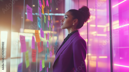 A woman in a purple jacket looking at a wall covered in colorful sticky notes