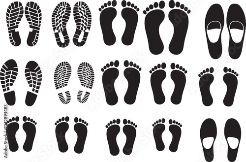 Set Of Foot Print silhouette On White background 