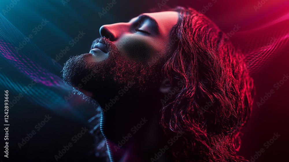 A background where gradation dots and digital wave lines create the image of Jesus' face and digital wave lines wave around it A background where gradation dots and digital wave lines create the image of Jesus' face and digital wave lines wave around it