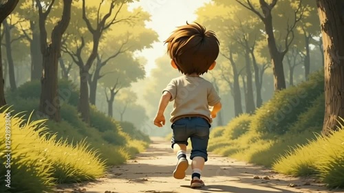 A cartoon boy running into woods