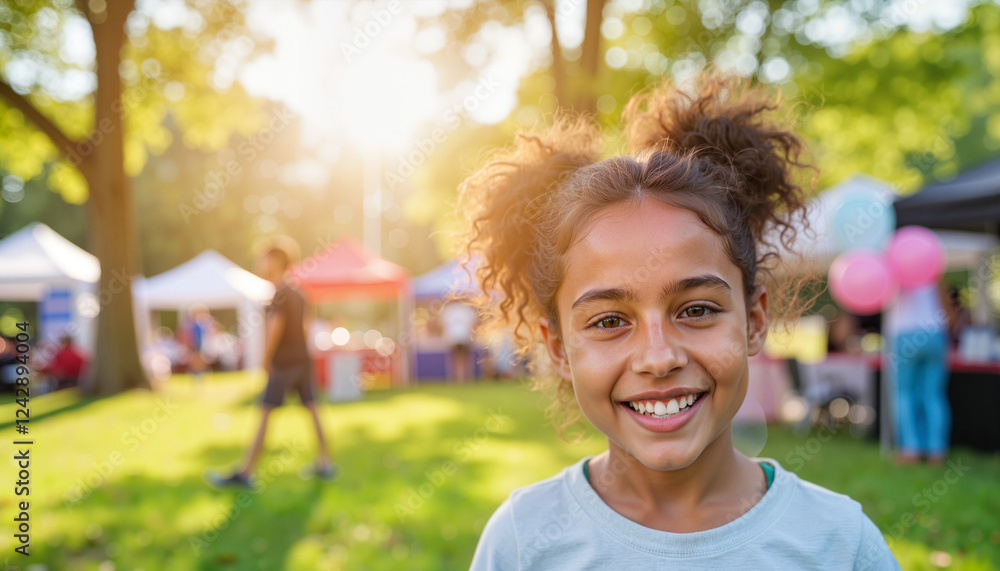 Fototapeta premium Smiling Latina child at community health event in sunny park, joy and health