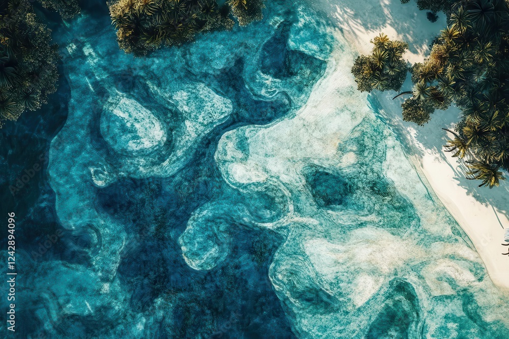 Fototapeta premium aerial view of pristine maldivian atoll, swirling turquoise lagoon patterns, white sand beaches, scattered palm trees, coral reef shadows