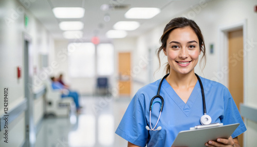 Smiling young Latina nurse holding clipboard in hospital hallway, healthcare
