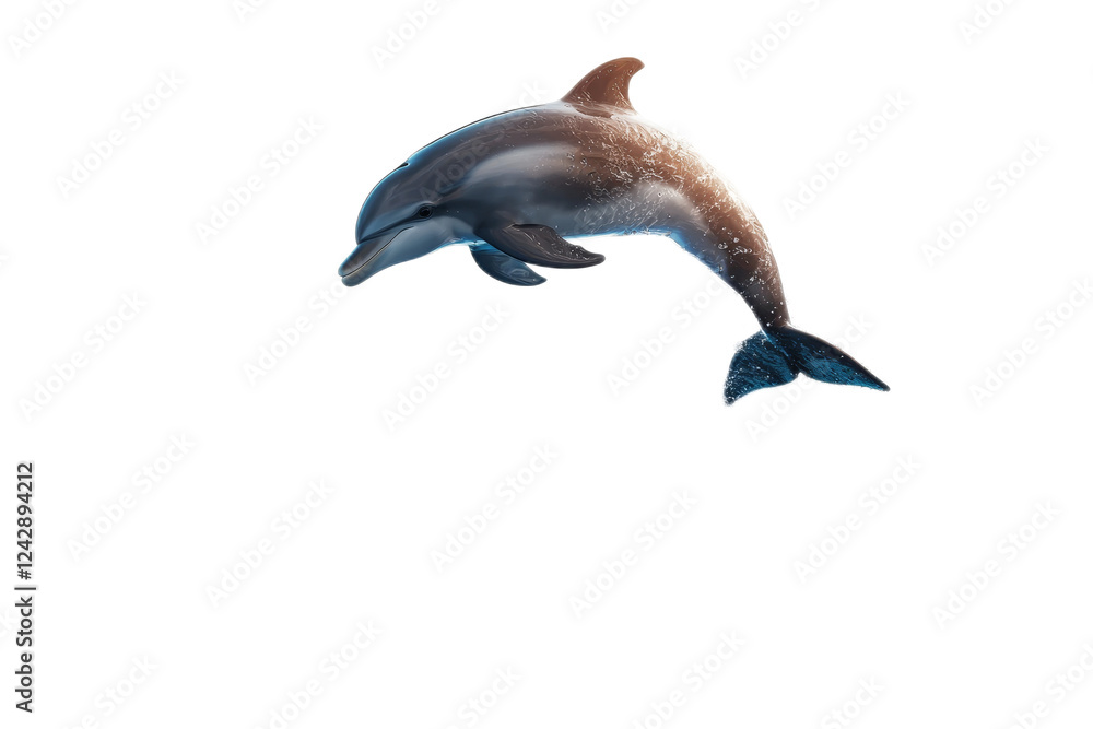 Obraz premium Realistic Dolphin Illustration Jumping Out of Water with Sparkling Splash and Bright Blue Background, Symbolizing Freedom and Joy in Ocean Life