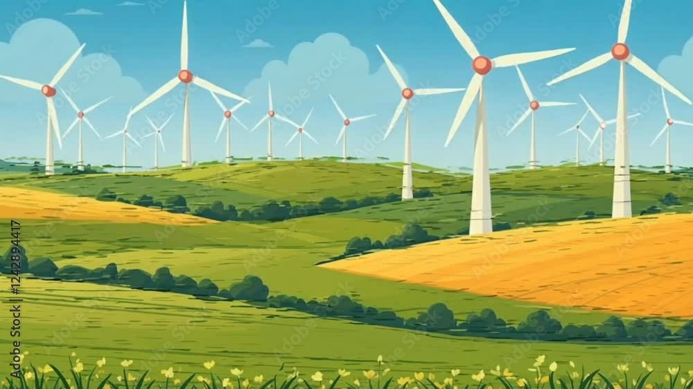 spinning wind turbines in cartoon green landscape spinning wind turbines in cartoon green landscape