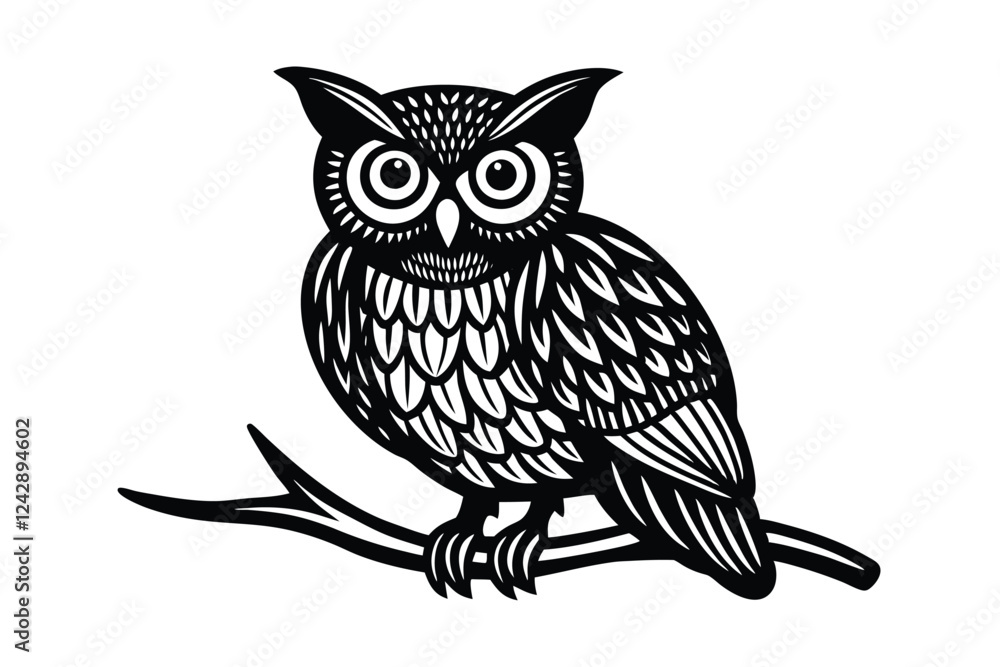 Fototapeta premium Owl Perched on Branch Vector Illustration