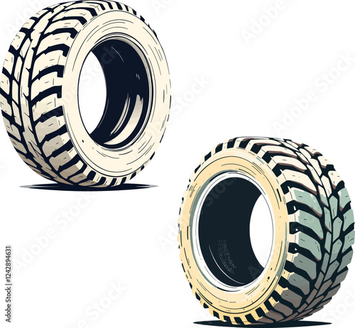 Two off road tires standing upright, showing their tread pattern
