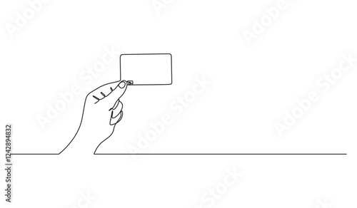 Hand holds credit card, single line art, hand drawn continuous contour. Decoration for business. Minimalist design. Vector illustration