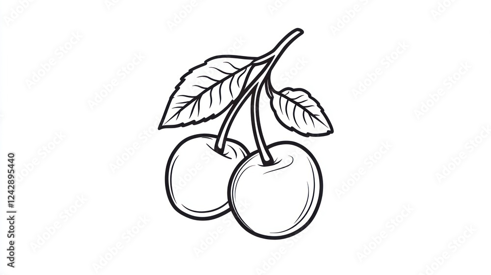 Two cherries on a branch with leaves, white background, for food packaging Two cherries on a branch with leaves, white background, for food packaging