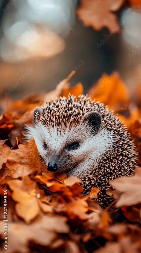 Hedgehog sleeping autumn leaves forest background nature Hedgehog sleeping autumn leaves forest background nature