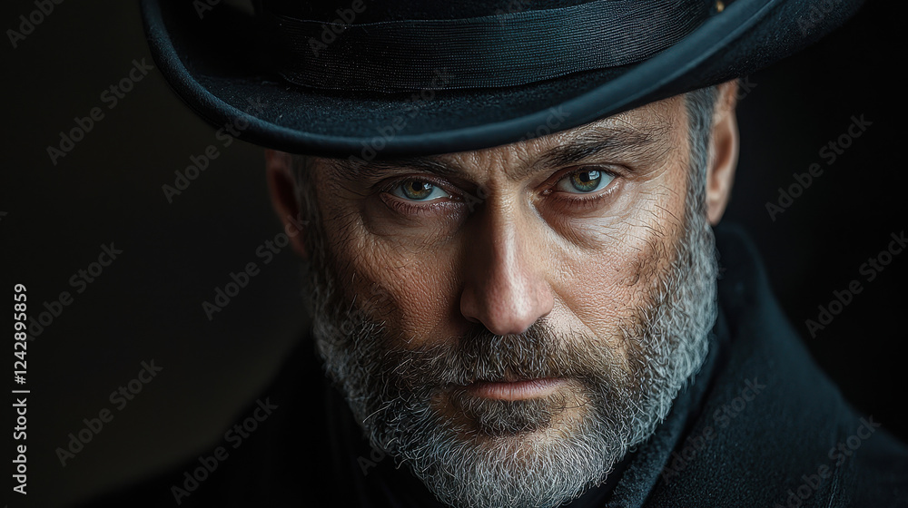 Man in a formal black 18th-century top hat reflects deeply against a historical backdrop with subtle, soft lighting creating a classic ambiance Man in a formal black 18th-century top hat reflects deeply against a historical backdrop with subtle, soft lighting creating a classic ambiance