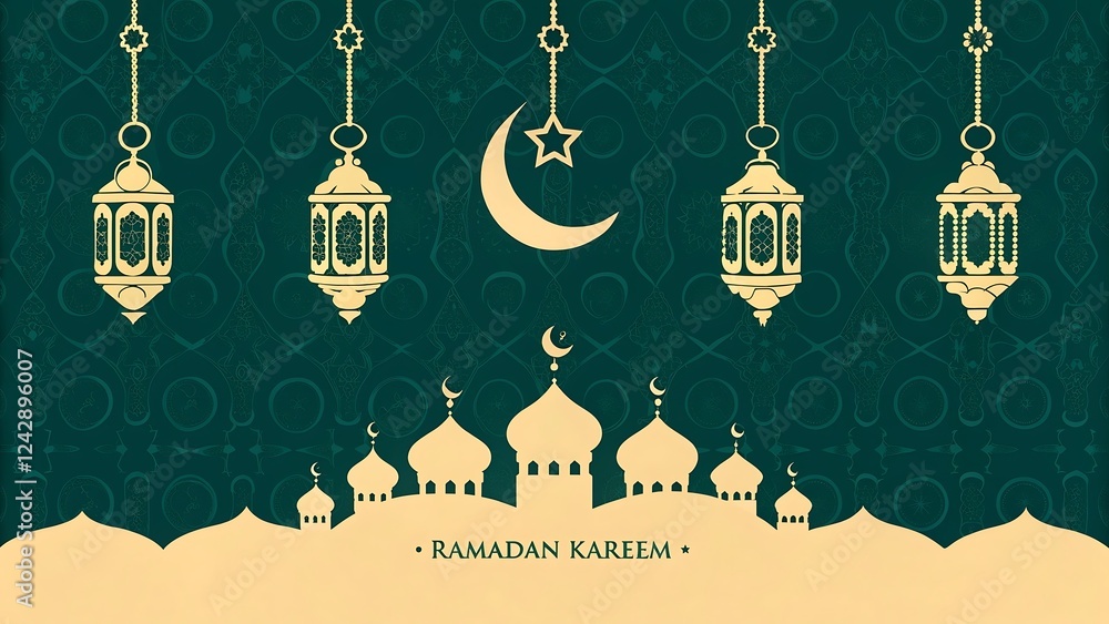 Fototapeta premium Islamic Ramadan Kareem Design with Mosques and Lanterns