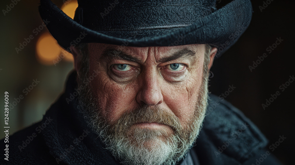 Portrait of a thoughtful man in an 18th-century top hat, reflecting on life with classic elegance and historical charm Portrait of a thoughtful man in an 18th-century top hat, reflecting on life with classic elegance and historical charm