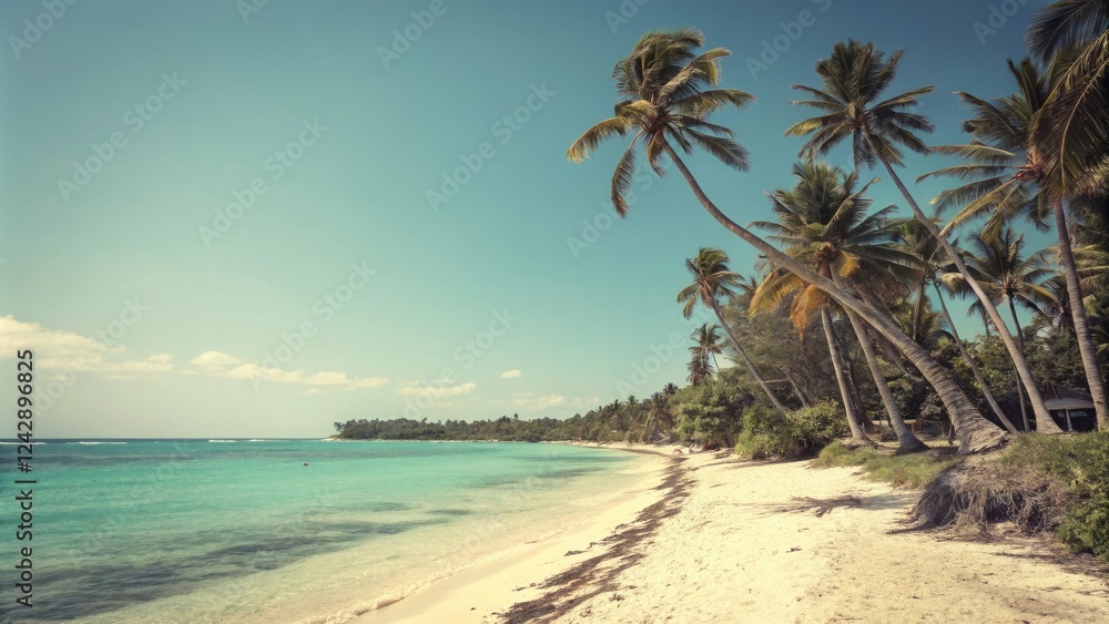 Obraz premium Vintage postcard-style illustration of a tropical beach with swaying palms and turquoise water, distressed, texture, trees, film, waves