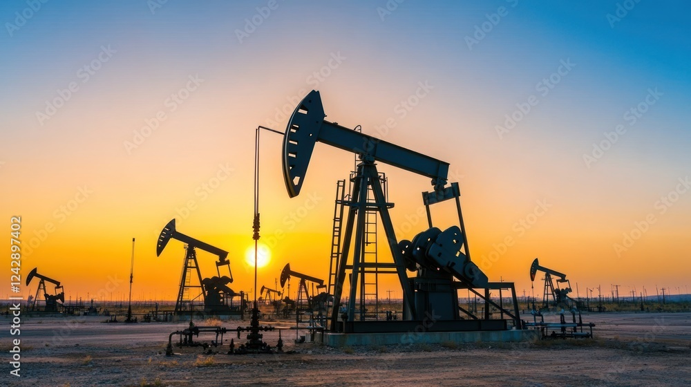Oil pump jacks silhouette at sunset landscape Oil pump jacks silhouette at sunset landscape
