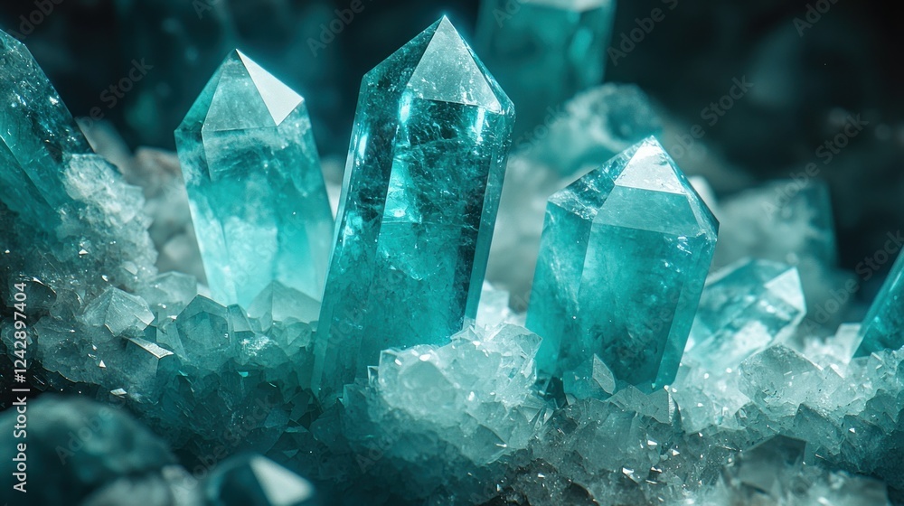 Teal crystals cluster, dark background, macro shot, gemstone texture Teal crystals cluster, dark background, macro shot, gemstone texture