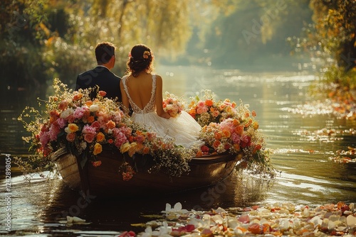Couple on flower-adorned boat, serene river, autumnal background, wedding photoshoot