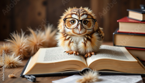 Adorable baby owl wearing glasses on open book, cozy scholarly vibe photo