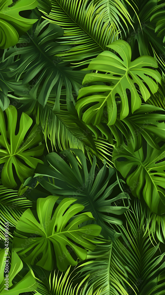 Tropical jungle background with lush green palm leaves. Dark jungle texture with palm tree foliage for a tropical forest nature concept Tropical jungle background with lush green palm leaves. Dark jungle texture with palm tree foliage for a tropical forest nature concept