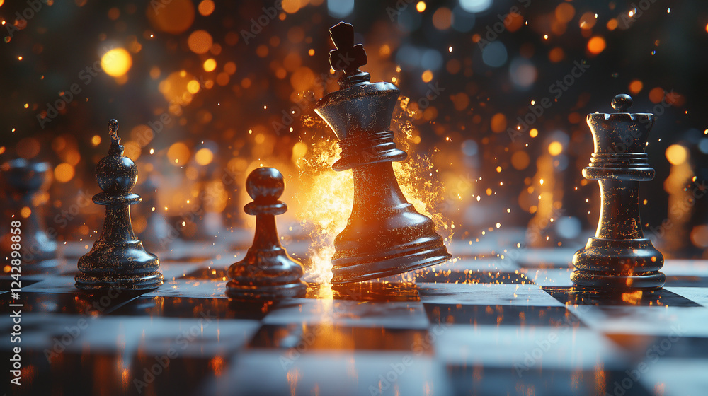 Checkmate Moment: A cinematic shot capturing the decisive moment when a king is toppled over, with a blurred background and intense lighting highlighting the fallen piece Checkmate Moment: A cinematic shot capturing the decisive moment when a king is toppled over, with a blurred background and intense lighting highlighting the fallen piece