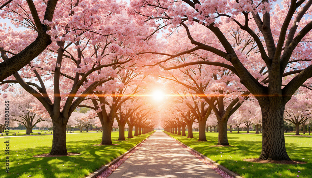 Blossoming cherry trees framing sunrise pathway, symbolizing harmony Blossoming cherry trees framing sunrise pathway, symbolizing harmony