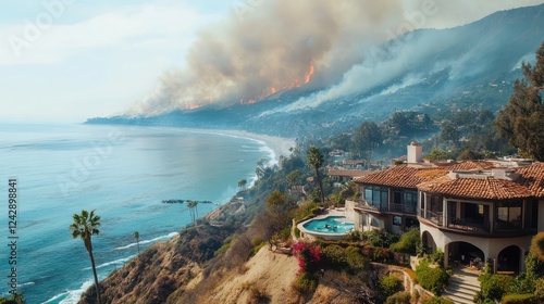 Wallpaper Mural Coastal Mansion Under Threat: Wildfire and Ocean View Torontodigital.ca