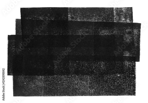 Linocut, relief printing layered rectangle grungy texture. Black and white artistic linocutting text background, uneven geometric edge. Paint roller stains, textured lino ink remains