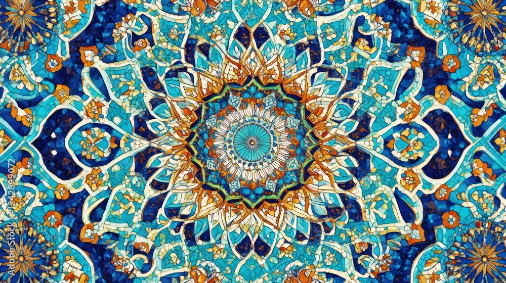 Symmetrical Kaleidoscope Mandala: A Vibrant Mosaic of Turquoise, Gold, and Blue Hues Symmetrical Kaleidoscope Mandala: A Vibrant Mosaic of Turquoise, Gold, and Blue Hues