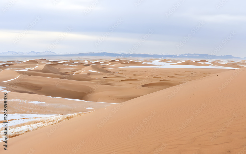 Open desert with distant sand dunes at snow Open desert with distant sand dunes at snow