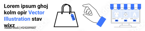 Shopping bag with tag, hand gesture placing item, and e-commerce interface with products. Ideal for retail, e-commerce, digital shopping, sales, promotions, marketing flat landing page banner