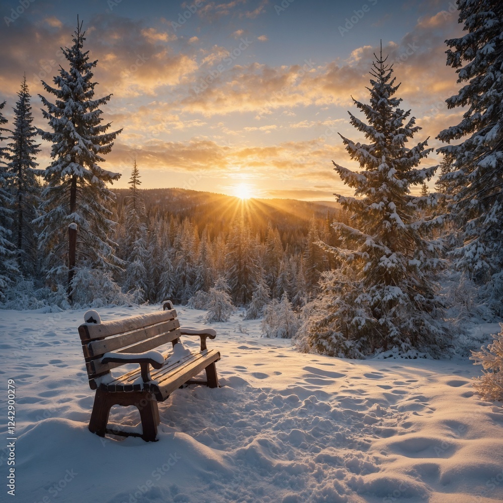 Snow-covered evergreen trees and rustic wooden benches frame a serene winter landscape, illuminated by soft golden light. A snow-covered bench in a quiet park Snow-covered evergreen trees and rustic wooden benches frame a serene winter landscape, illuminated by soft golden light. A snow-covered bench in a quiet park