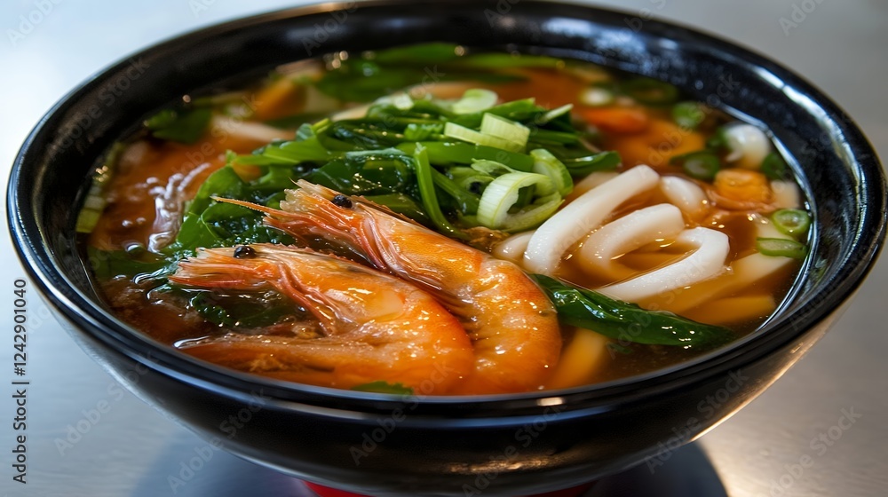 Delicious Udon Noodle Soup With Shrimp And Seafood Delicious Udon Noodle Soup With Shrimp And Seafood