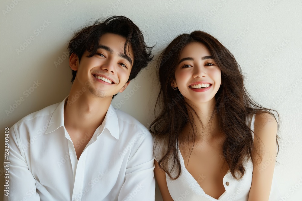 Joyful newlywed couple smiling in minimalistic setting for wedding celebrations Joyful newlywed couple smiling in minimalistic setting for wedding celebrations