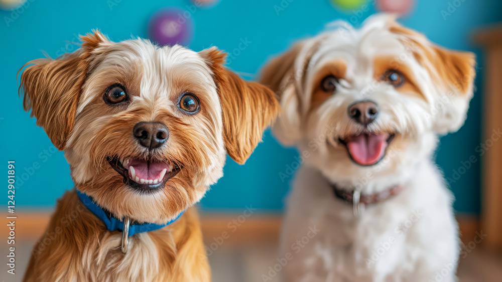 Happy Dogs Smiling with Joyful Expressions in Colorful Indoor Setting Happy Dogs Smiling with Joyful Expressions in Colorful Indoor Setting