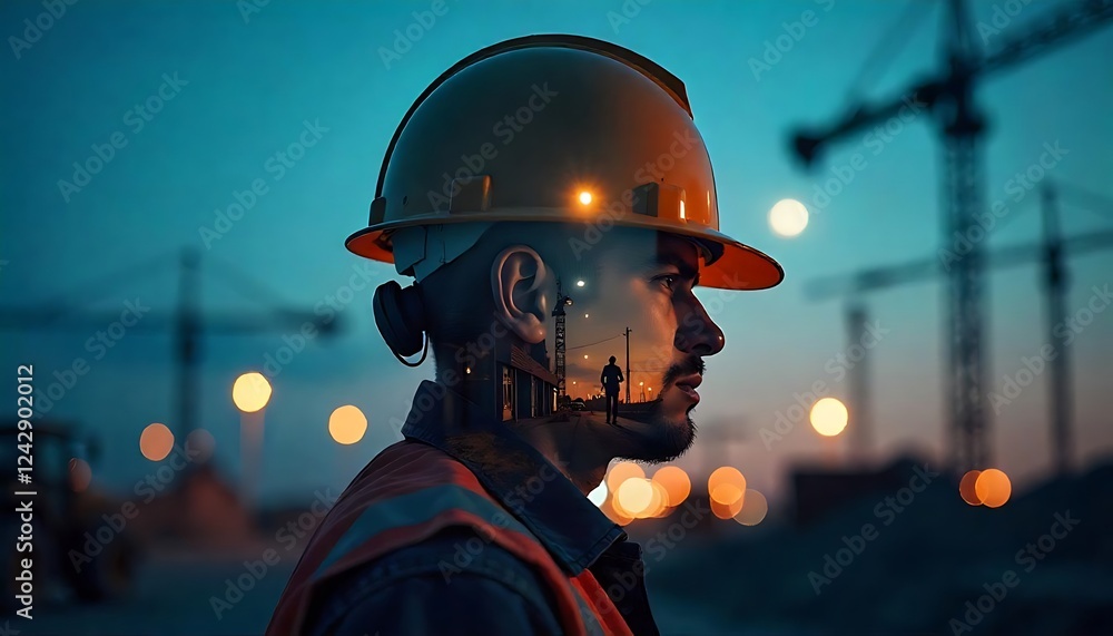 Fototapeta premium Construction Worker Silhouette Cityscape Double Exposure