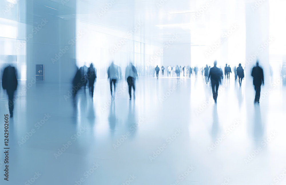 Blurred image of people walking in bright hospital corridor, creating sense of motion and activity. soft lighting and reflections on floor add to serene atmosphere Blurred image of people walking in bright hospital corridor, creating sense of motion and activity. soft lighting and reflections on floor add to serene atmosphere
