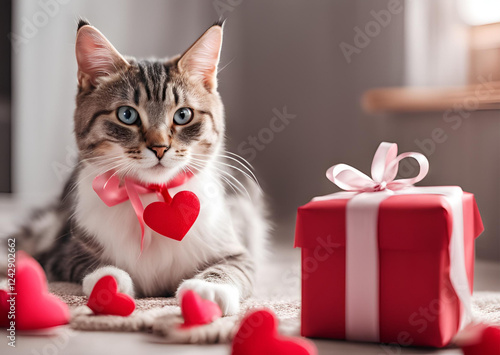 Adorable Tabby Cat with Valentine s Day Gift and Hearts photo