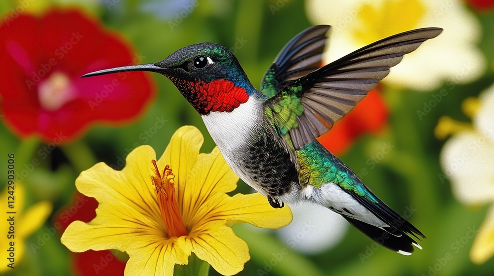 Naklejka premium Hummingbird hovering, flower, garden, blur, nature, vibrant, wildlife, photography, poster